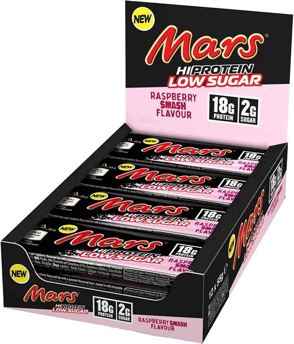 Mars Low Sugar High Protein Bar - Raspberry Smash (12x55g) Milk Chocolate Raspberry Flavour - Repen - Eiwit Repen