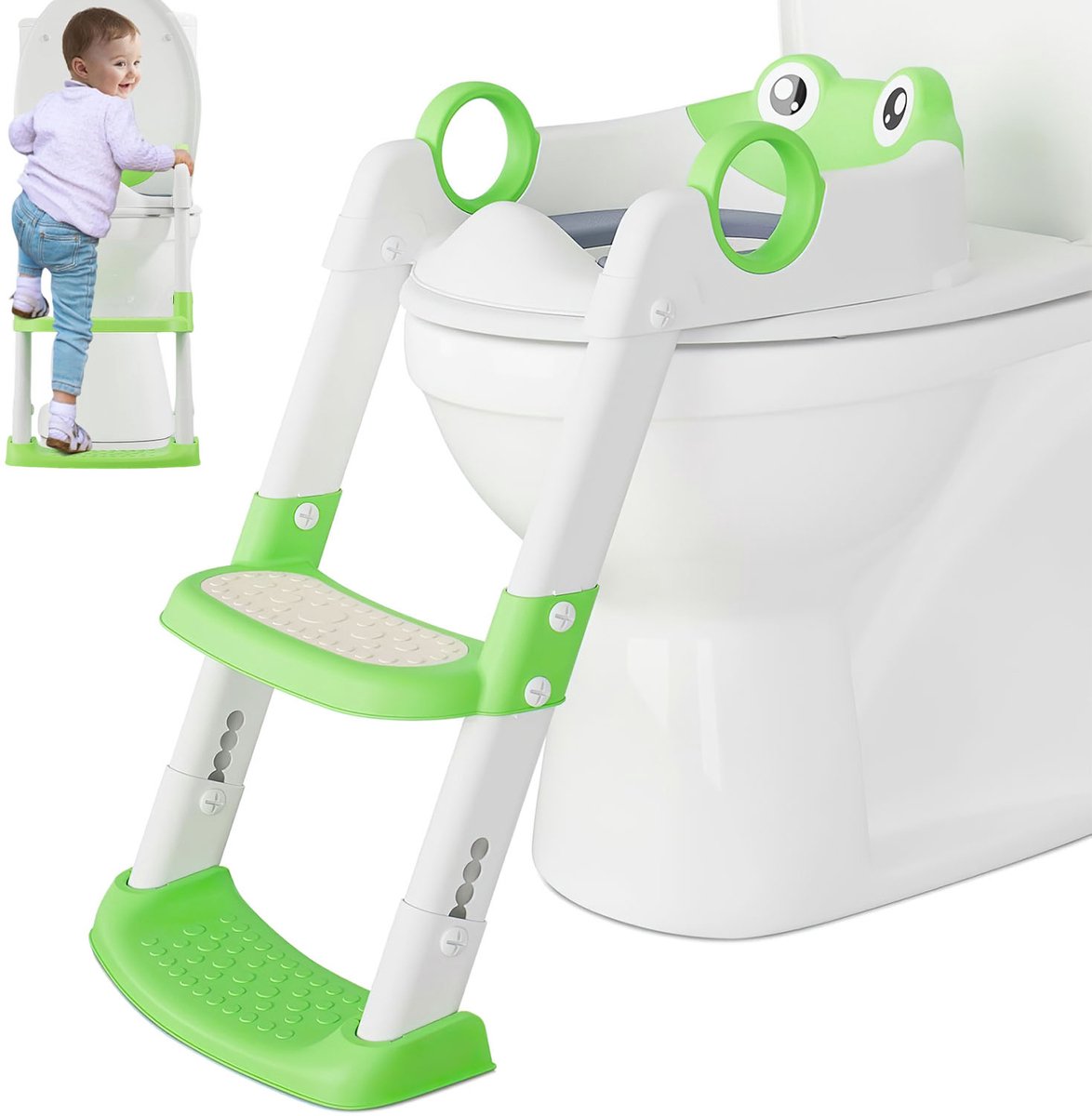 Kinder Toilettrainer met Trapje – Opvouwbare WC Verkleiner met PU Zitting – Antislip Potty Trainer – Grijsgroen