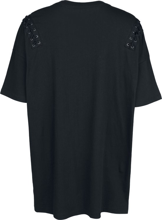Zwart oversized T-shirt met vetersluiting op de schouders.
