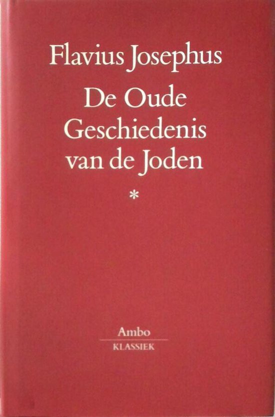 Boek "De Oude Geschiedenis van de Joden" van Flavius Josephus, met een rode kaft en gouden letters.