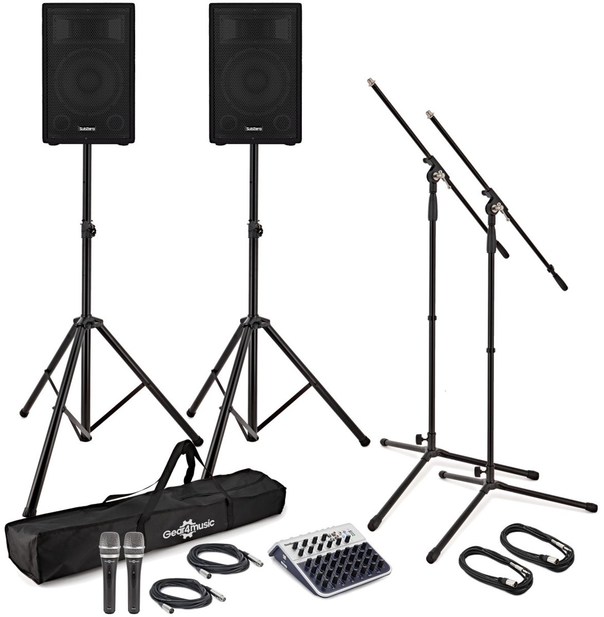 SubZero C10A Actief PA-systeem met Microfoons, Statieven en Mixer