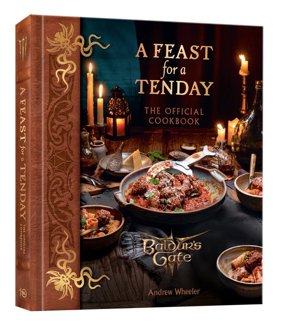 Een kookboek getiteld 'A Feast for a Tenday: The Official Cookbook', gebaseerd op Baldur's Gate. De cover toont een tafel gedekt met een heerlijke maaltijd, compleet met kaarsen en wijn.