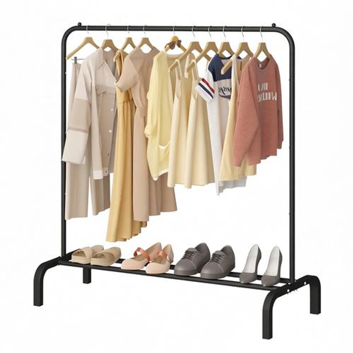 Kledingrek 110 cm met Bodemrek – Metalen Kledingstang voor Jassen, Rokken, Overhemden en Truien, Zwart
