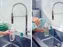 Vullen van een spuitfles met water en reinigingsmiddel bij een keukenkraan.