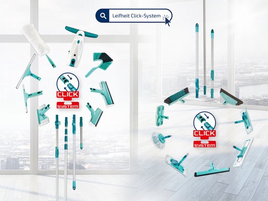 Divers accessoires de nettoyage Leifheit avec système clic, en turquoise et blanc.