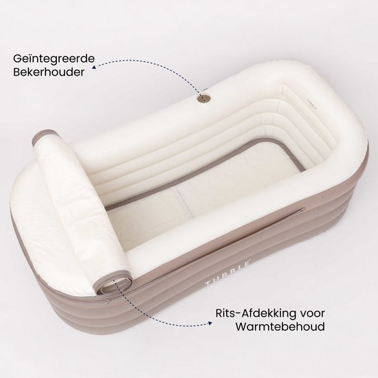 Opvouwbaar bad met bekerhouder en ritssluiting voor warmtebehoud.
