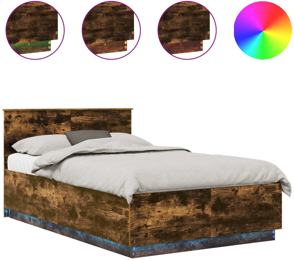vidaXL Bedframe - met - hoofdeinde - Rook - Eiken - 135 - x - 190 - cm - Bewerkt - hout Gerookt eiken