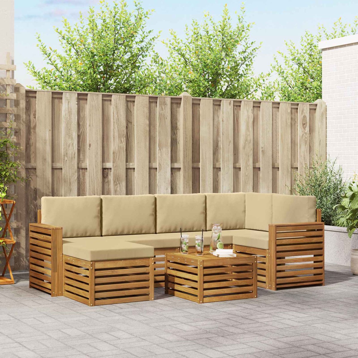vidaXL Buiten - bank - set - 7 - st - 5-zits - Natuurlijk - en - Beige Natuurlijk en Beige