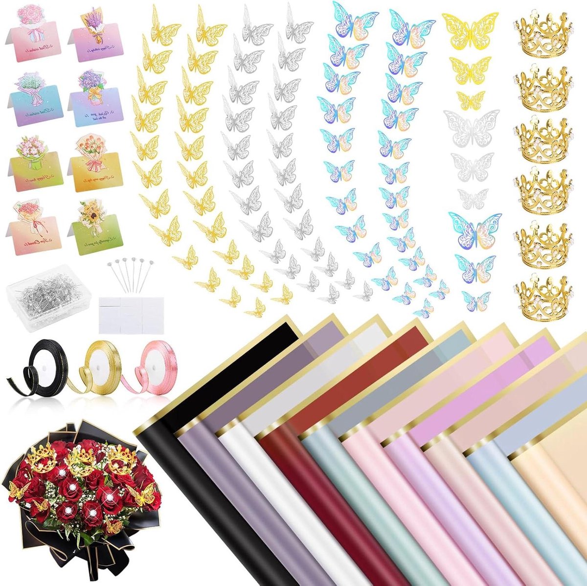 Bloem Inpakpapier Kit - Inpakpapier Set - Cadeaus Versieren - Met Extra Decoraties - 50 vellen - Meerkleurig