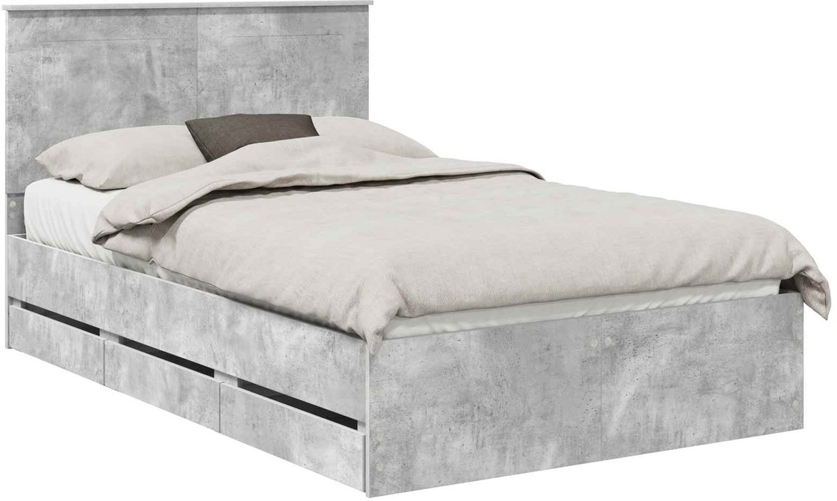 vidaXL Bedframe - met - lade - Beton - Grijs - 135 - x - 190 - cm - Ingenieurshout Beton grijs