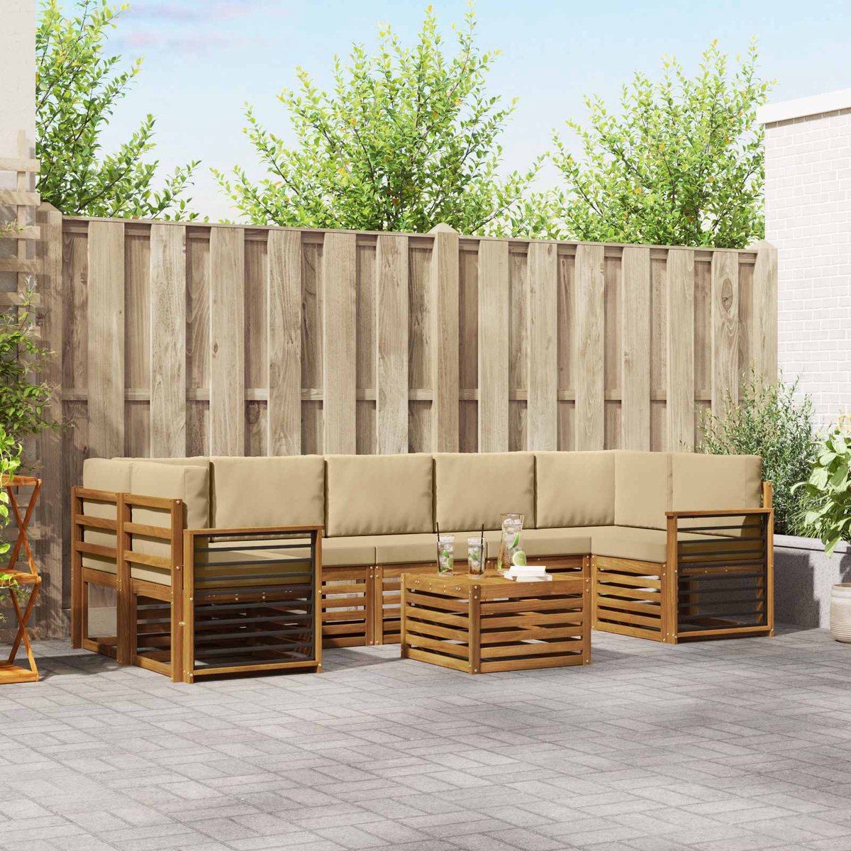 vidaXL Buiten - bank - set - 8 - st - Natuurlijk - en - Beige - Massief - Acacia - Hout Natuurlijk en Beige