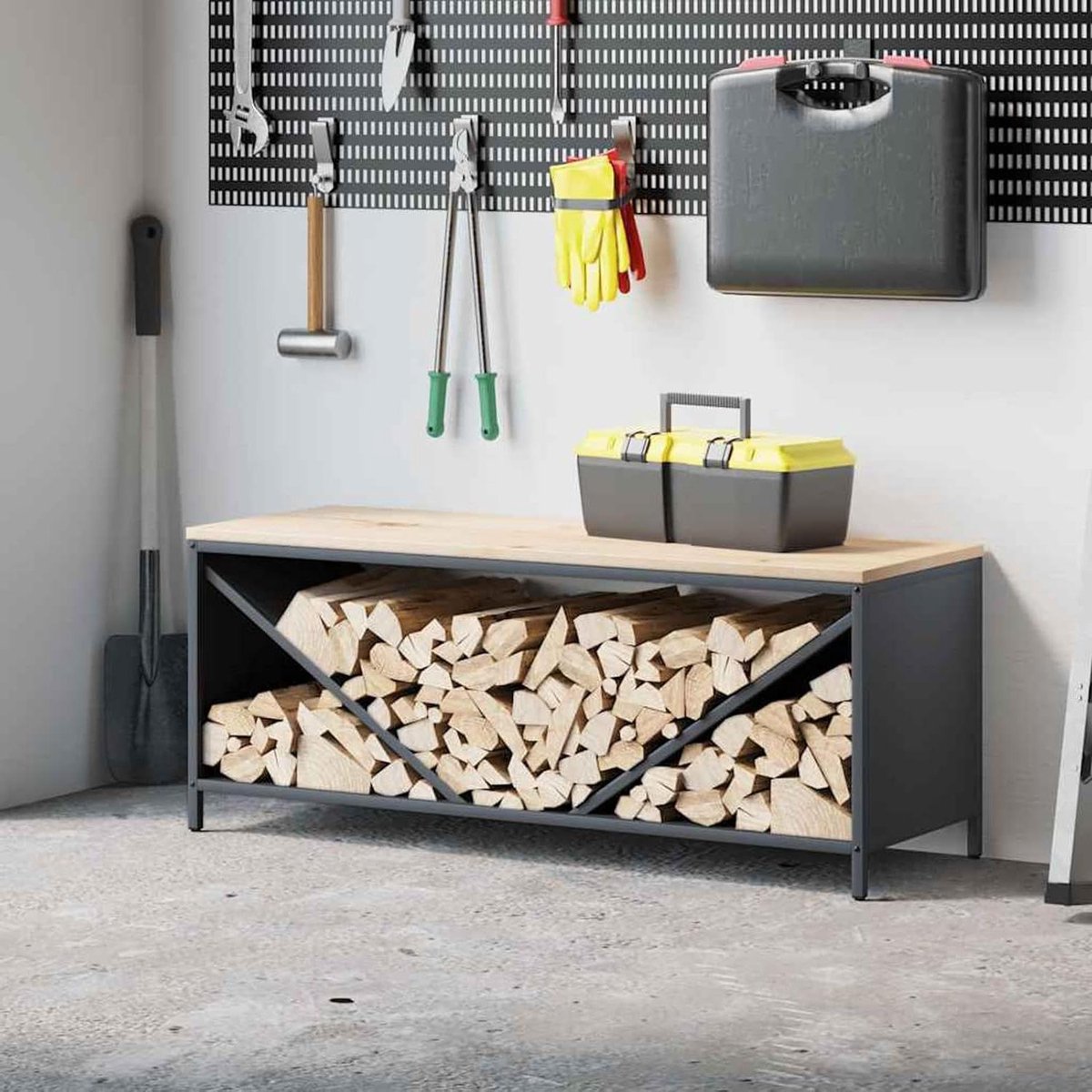 Brandhoutrek met Houten Plaat - Haardhout Opslag - Hout Opslaan - Koudgewalst Staal - 1005 x 355 x 40 cm