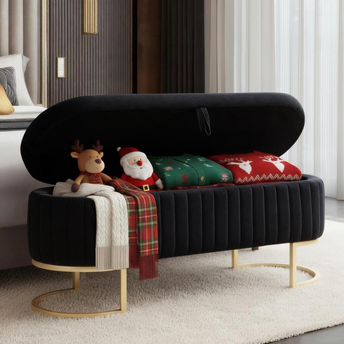 Vervel Pouf met Opbergruimte - Voetenbank Ottoman - Slaapkamer Organisatie - Verborgen Compartiment - 51 inch - Zwart
