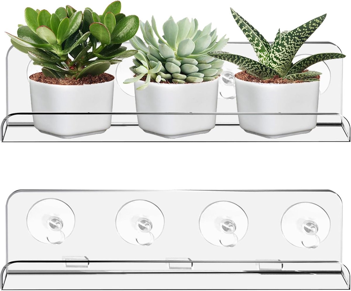 Famanu – Acryl raamrek voor planten, set van 2 stuks, transparant met zuignappen, ideaal voor vensterbank, hangend plantenrek