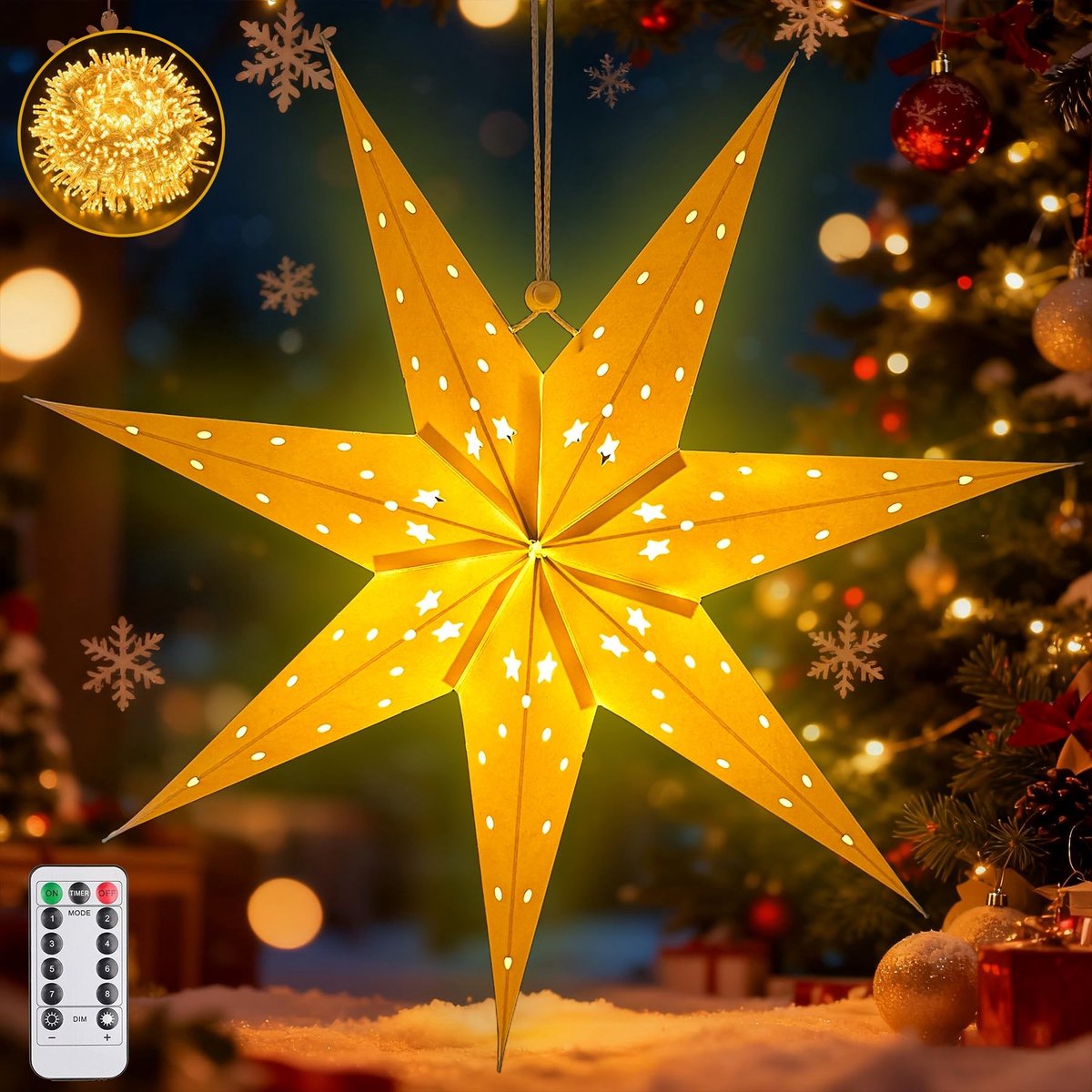 aladdien - LED Ster - Papier - Hangdecoratie met Verlichting - 45 cm - Perfect voor Kerst - Sfeervolle verlichting - Geschikt voor binnen - Kleur wit