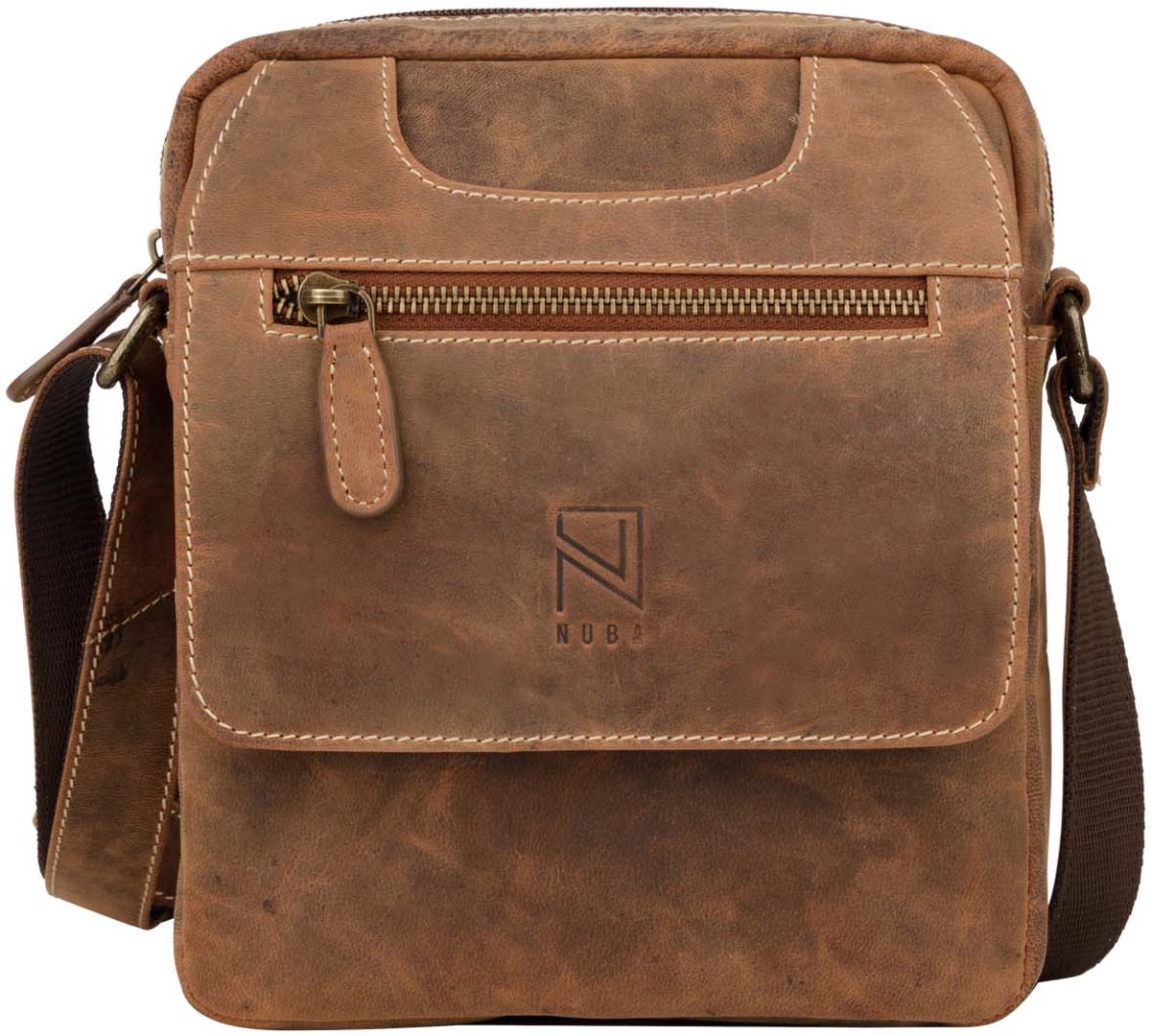 NUBA Schoudertas Leren tas Hunter - crossbodytas 100% Leer - Nature 3334 - Buffelleer tas middelmaat - Bruin Cognac