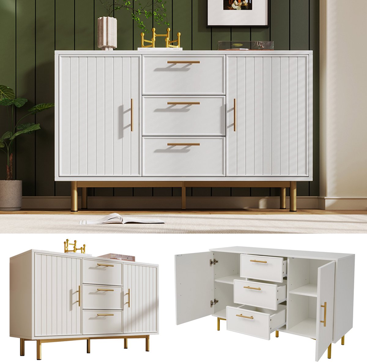 Commode met 2 deuren en 3 lades, wit. Deurkast met lades, verstelbare plank, voor woonkamer/slaapkamer, wit - H75/B120/D40 cm