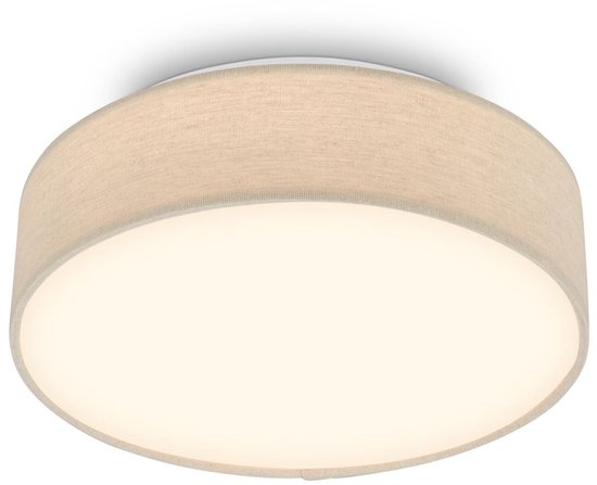 Plafonnier avec abat-jour en tissu beige, lumière blanc chaud.