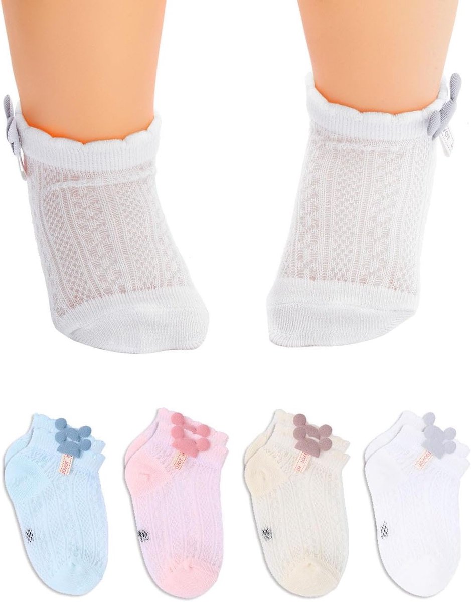 Zomerse Katoenen Sokken voor Baby Meisjes - Dunne Maillot Sokken voor 6-12 Maanden (4 Paar) - Ademend, Comfortabel, Mode