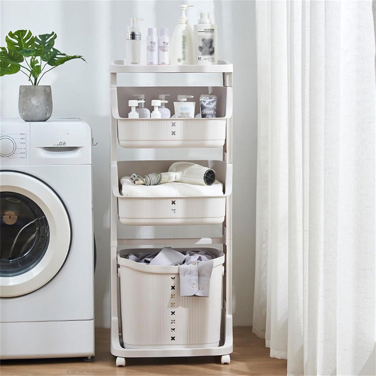 Wasmand met 3 vakken - Waskarrt Waswagen - Kleding Sorteren - Op wielen - 1155 cm hoog - Wit