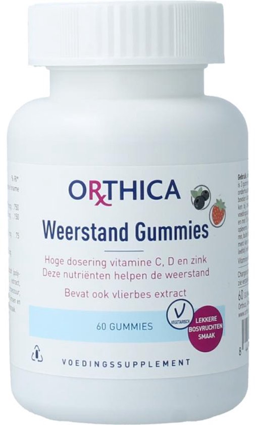 Orthica Weerstand Gummies, 60 stuks met frambozensmaak. Vegetarisch.