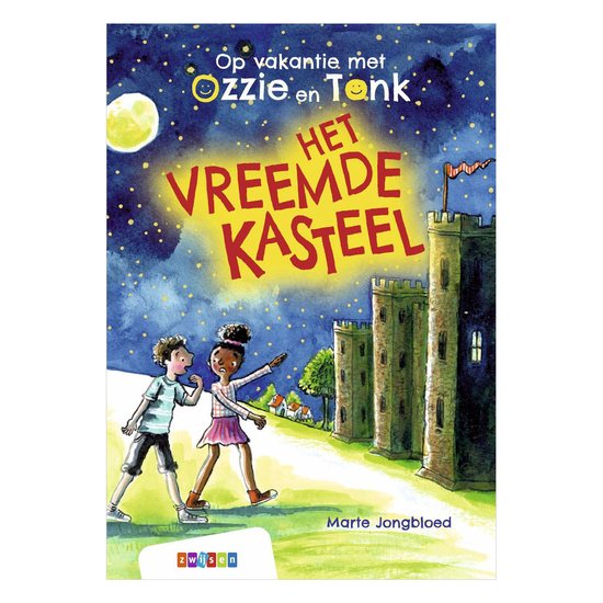 Boekcover "Op vakantie met Ozzie en Tonk - Het vreemde kasteel", met twee kinderen die een donker kasteel naderen.