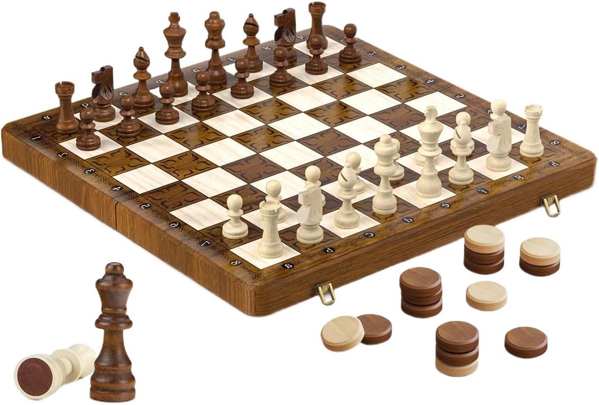 Schaakspel Opvouwbaar - Schaakbord Magneet - Hersentraining Spel - Ingebouwde Opbergvakken - 40 x 20 cm - Houtkleur