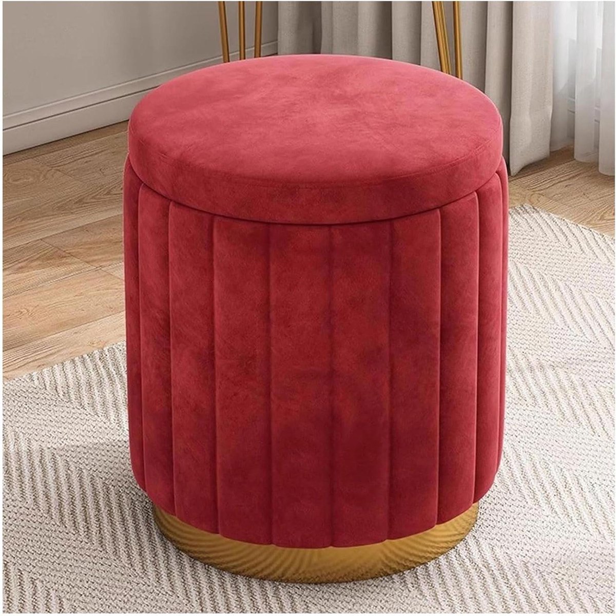 Opbergpoef met Deksel - Voetenbank Kruk - Ruimte Organiseren - Gouden Metalen Basis - 34x34x43 cm - Rood