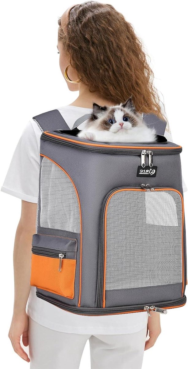 Huisdier Rugzak - Draagtas Kat Hond - Veilig Vervoer - Ademend Gaasontwerp - 31x26x39 cm - Grijs Oranje