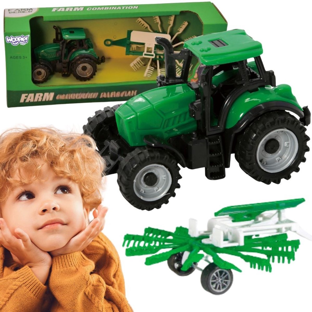 Woopie Boerentraktor met Aanhangende Hark - Groen