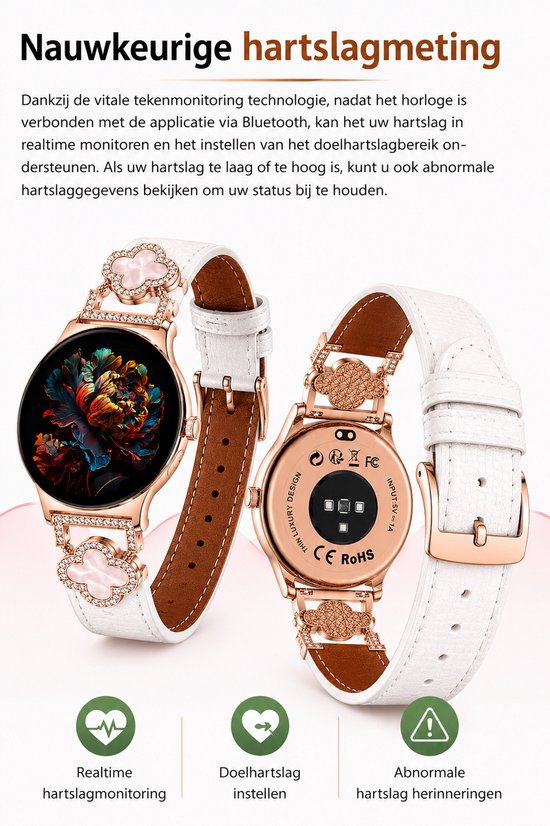 Hibousee Smartwatch voor Dames met Bluetooth Bellen, Gezondheid & Fitness Tracker – Stappenteller, Hartslagmeter, Slaapmonitor – iOS & Android - Incl 3 bandjes