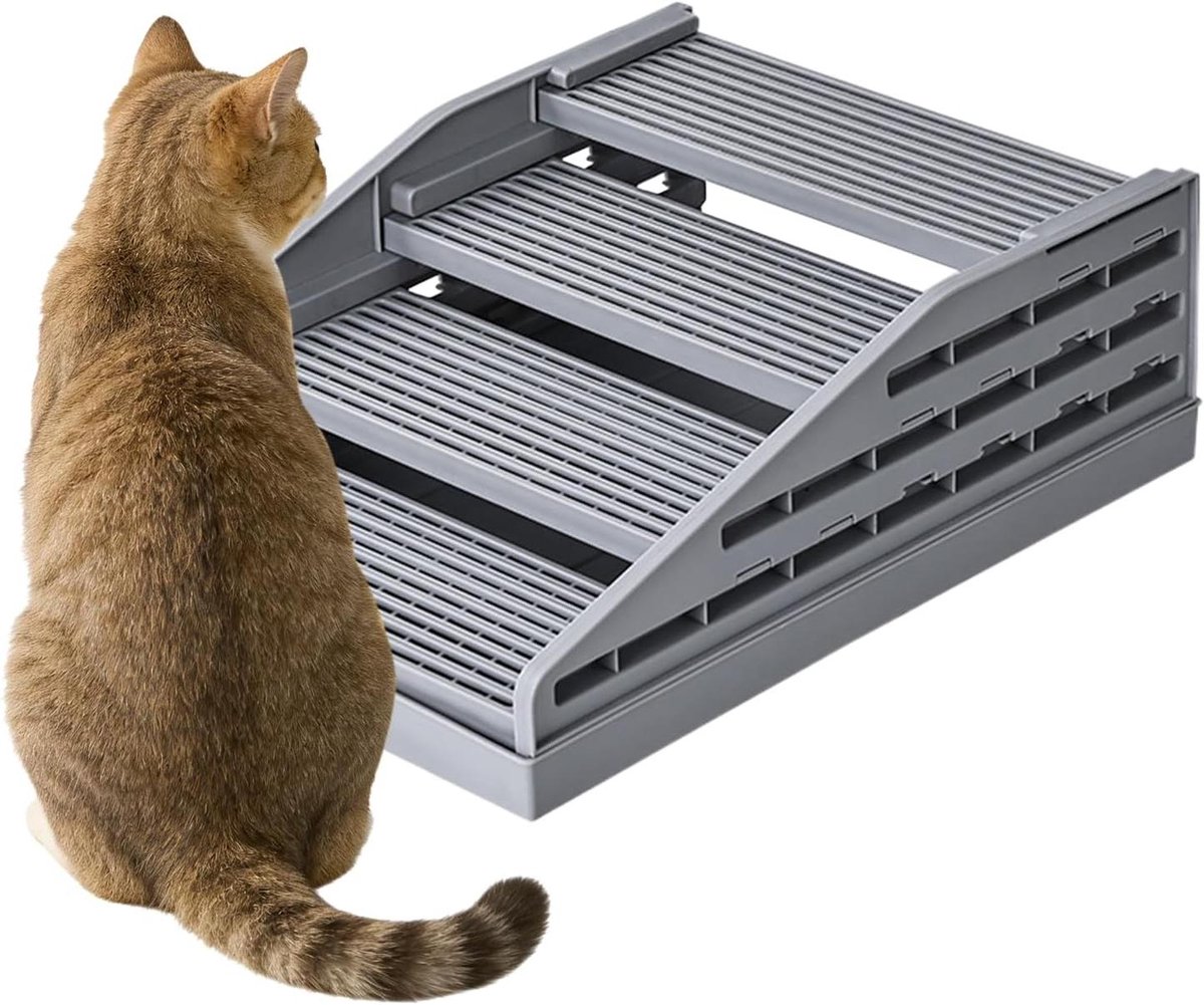 Kattenbakmat met Trappetje - Kattenladder Mat - Voorkomt Grit Verspreiding - Antislip en Schraapt Grit - 44x33x6 cm - Grijs