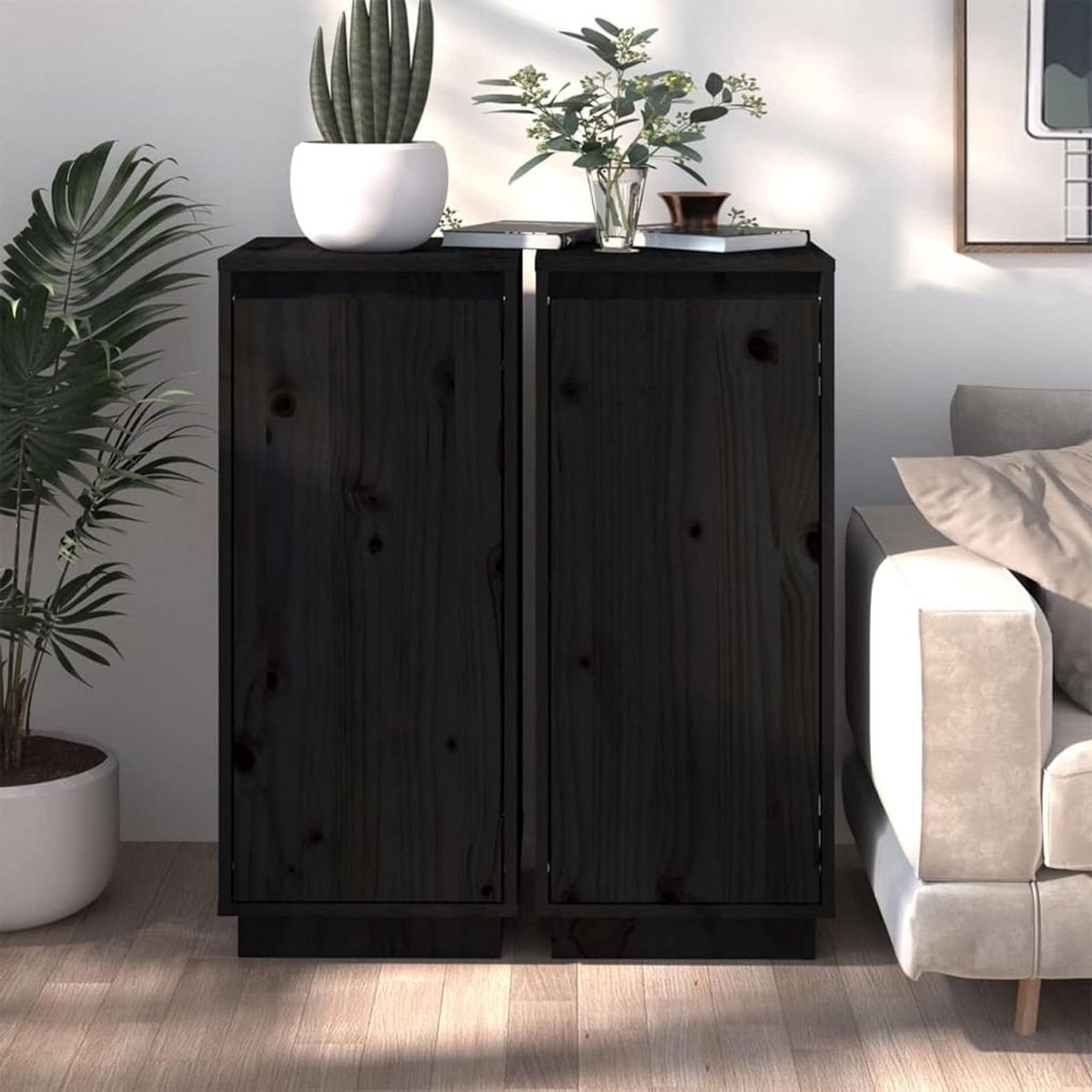 Bijzetkasten Set - Opbergkastjes Commode - Woonkamer Organiseren - Massief Grenenhout - 2 stuks 315x34x75 cm - Zwart