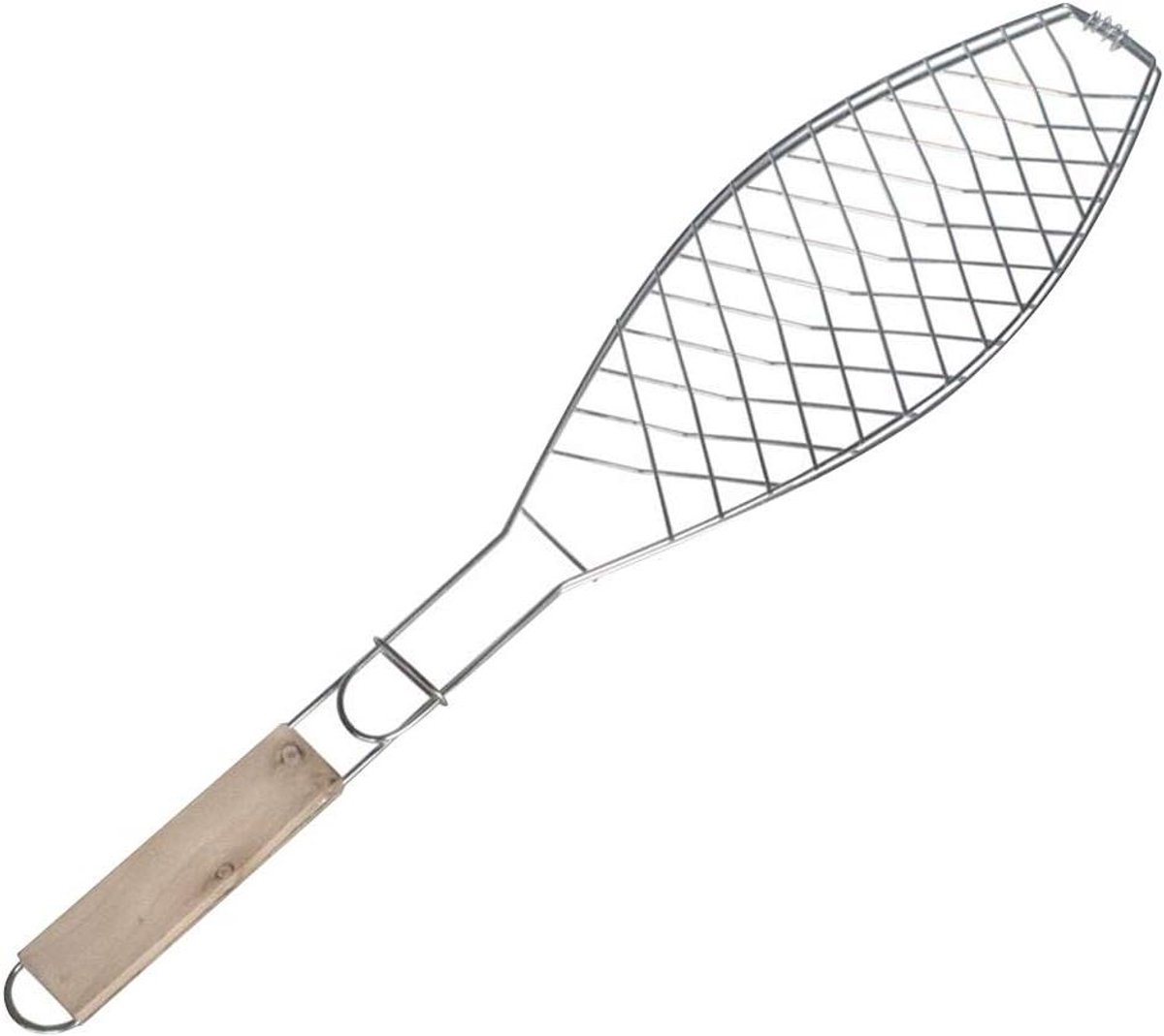 Vis Grill Mand - Barbecue Mand - Grillen van Vis - Houten Handgreep - 57cm x 12cm - Zilver