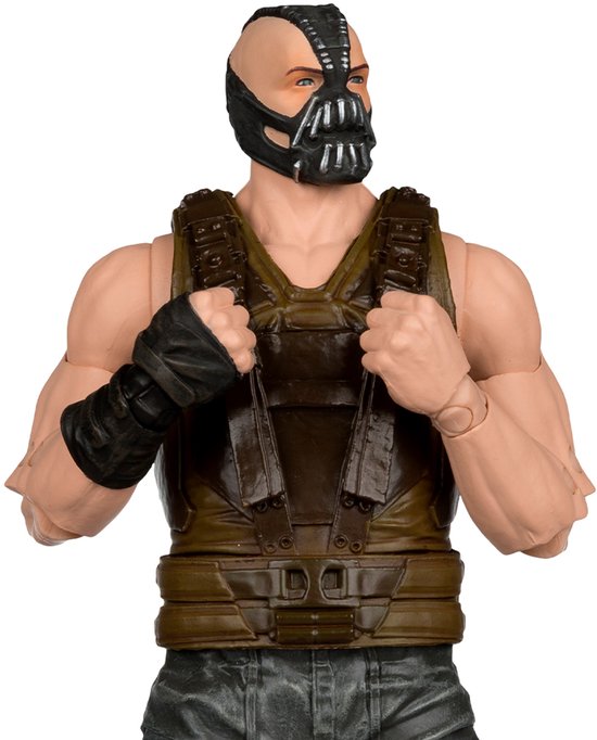 Actiefiguur van Bane, close-up op torso en hoofd met masker. Bruin vest en grijze broek gedetailleerd.