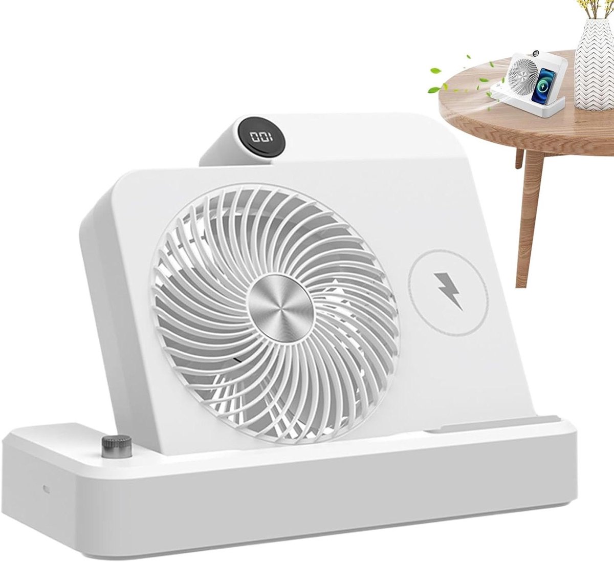 Tafelventilator - Bureauventilator Kleine ventilator - Persoonlijke koeling - Draadloze oplader - 335D x 78B x 335H cm - Wit