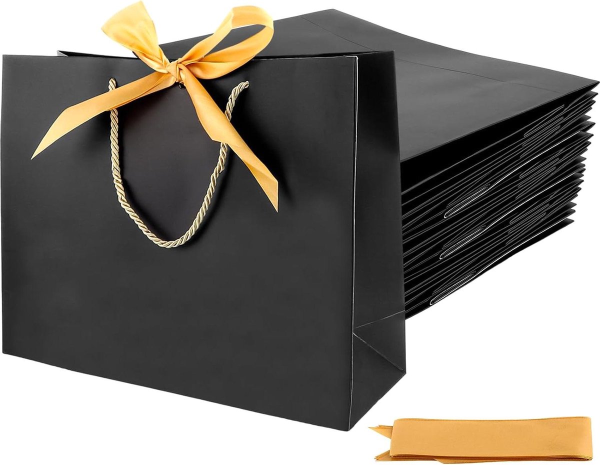 Geschenktassen Zwart - Cadeautasjes Papier - Cadeaus Verpakken - Met Gouden Lint - 32 x 25 x 11 cm - Zwart