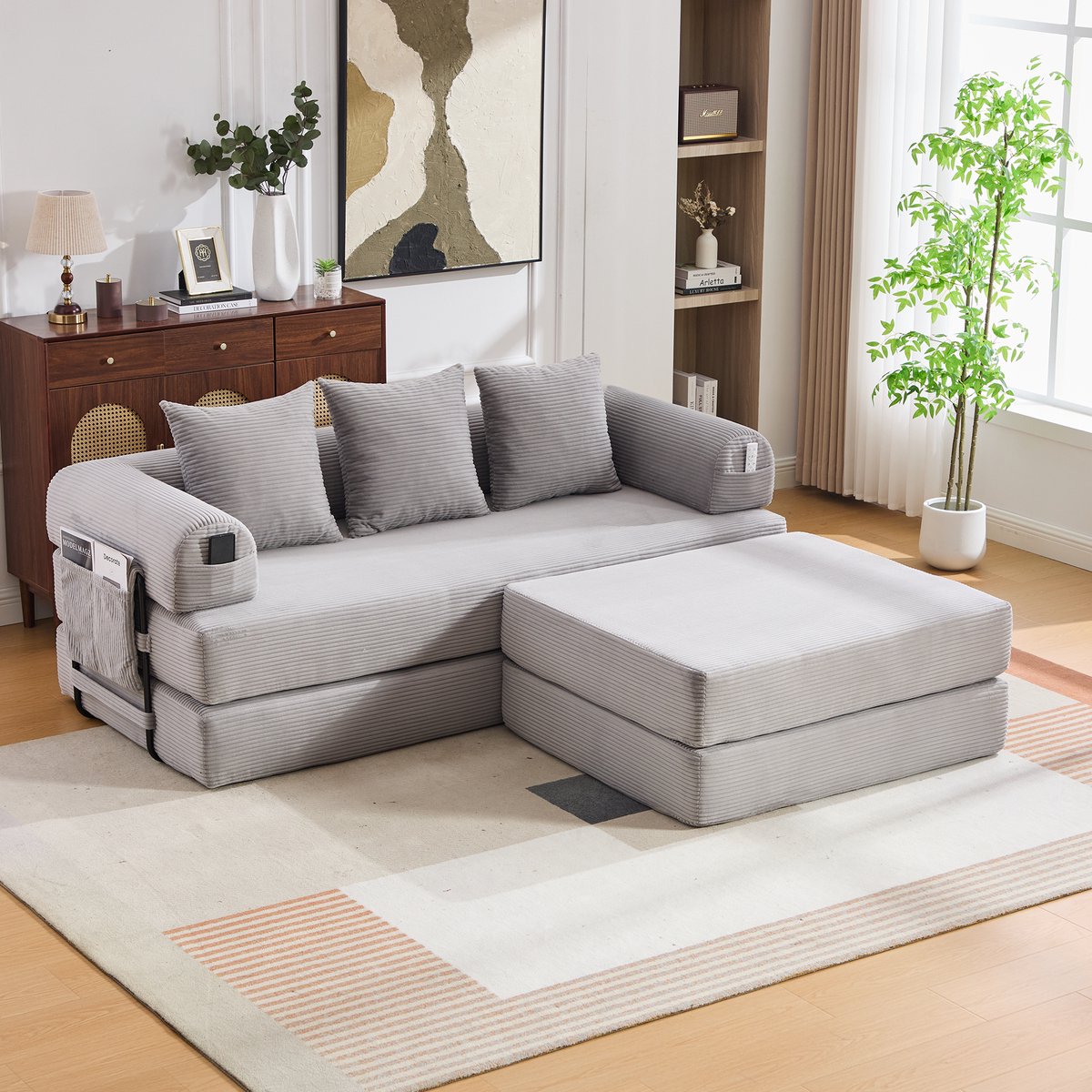 Modulaire corduroy compressiebank met voetenbank, stevig metalen frame, zijvak en 3 comfortabele kussens – extra dikke vulling voor extra comfort, vrij combineerbaar en veelzijdig. Lichtgrijs