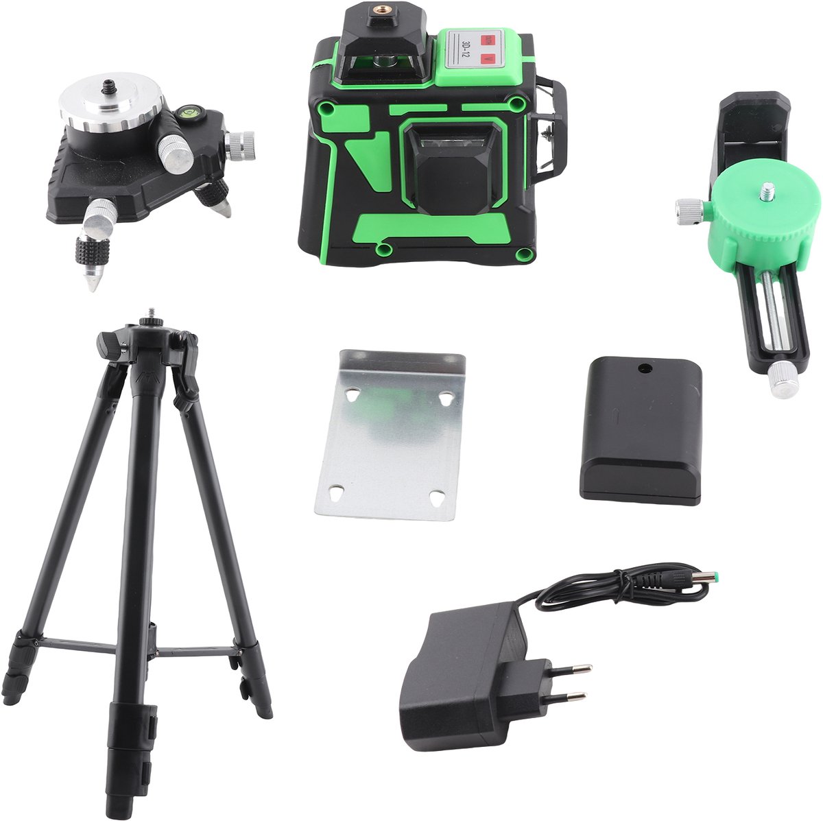 Kruislijnlaser - 3D 12-lijns kruislijnlaser - Laserwaterpas - 12-lijns zelfnivellerende bouwlaser - Verstelbare staaf - Zelfnivellerende 360° groene laser - Inclusief 2 batterijen en accessoires