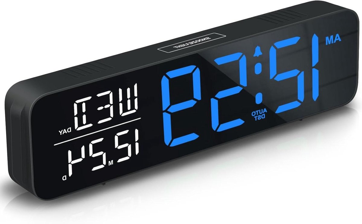 Digitale Wekker - Elektrische Klok - Wakker Worden - Groot Display - 9 inch - Blauw en wit