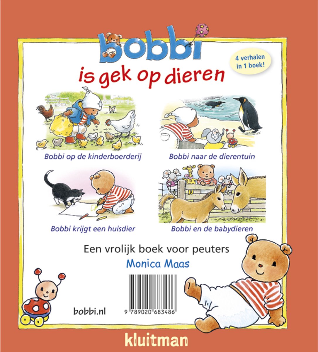 Boekomslag 'Bobbi is gek op dieren' met vier illustraties van Bobbi en dieren. Bobbi, een bruine beer, staat onderaan.