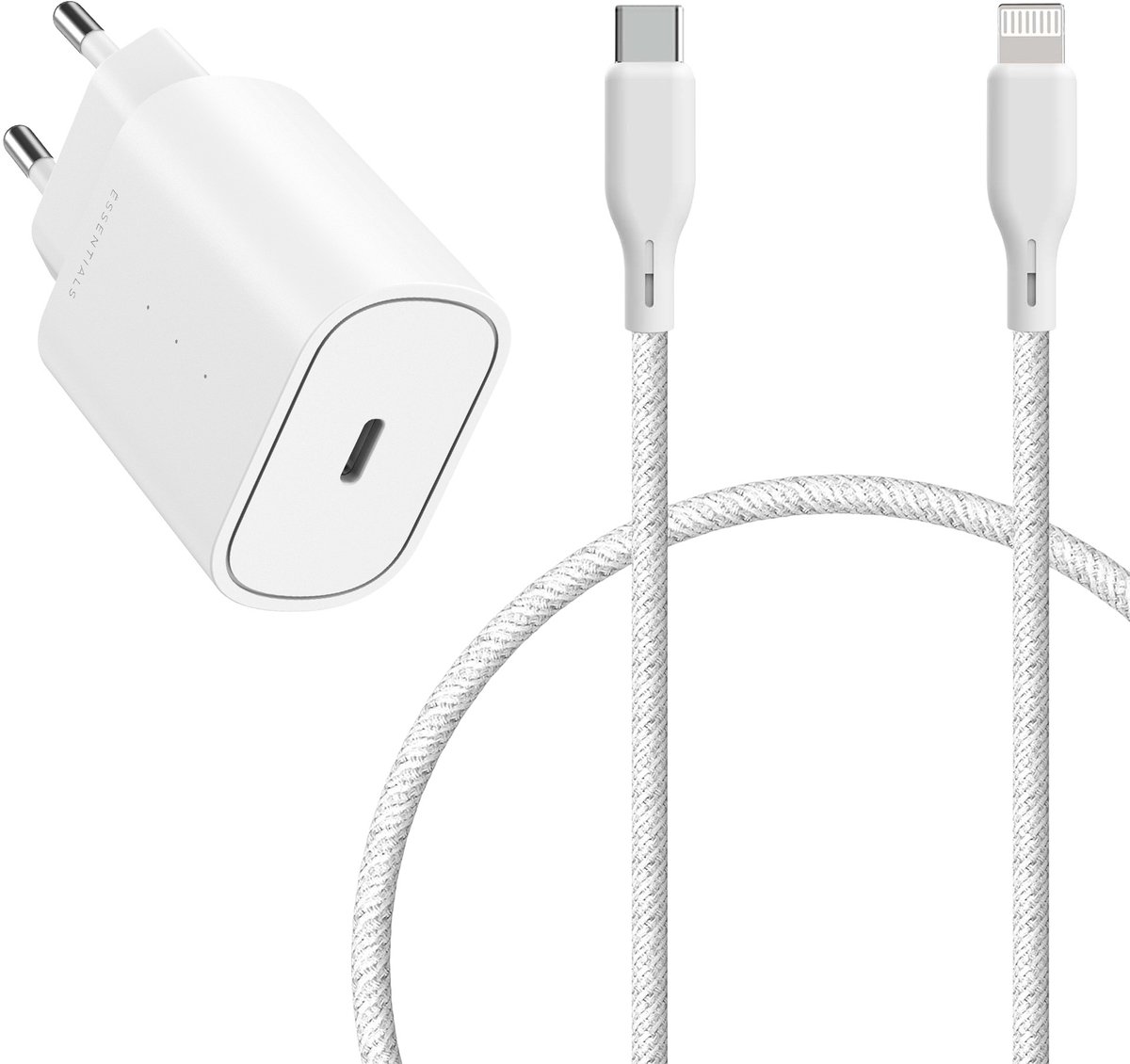 Ëssentials by Upström - USB-C - Snellader met MFi USB-C naar Lightning Kabel 1,2m - 25W– PD & PPS Oplader – Voor iPhone 14/13/12/11/XR/XS/X - AirPods & iPad – Extra Sterk, Braided & Gerecycled