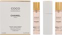 Chanel Coco Mademoiselle Eau de Toilette Twist and Spray set met drie flacons met gouden dopjes en een zilverkleurige verstuiver.