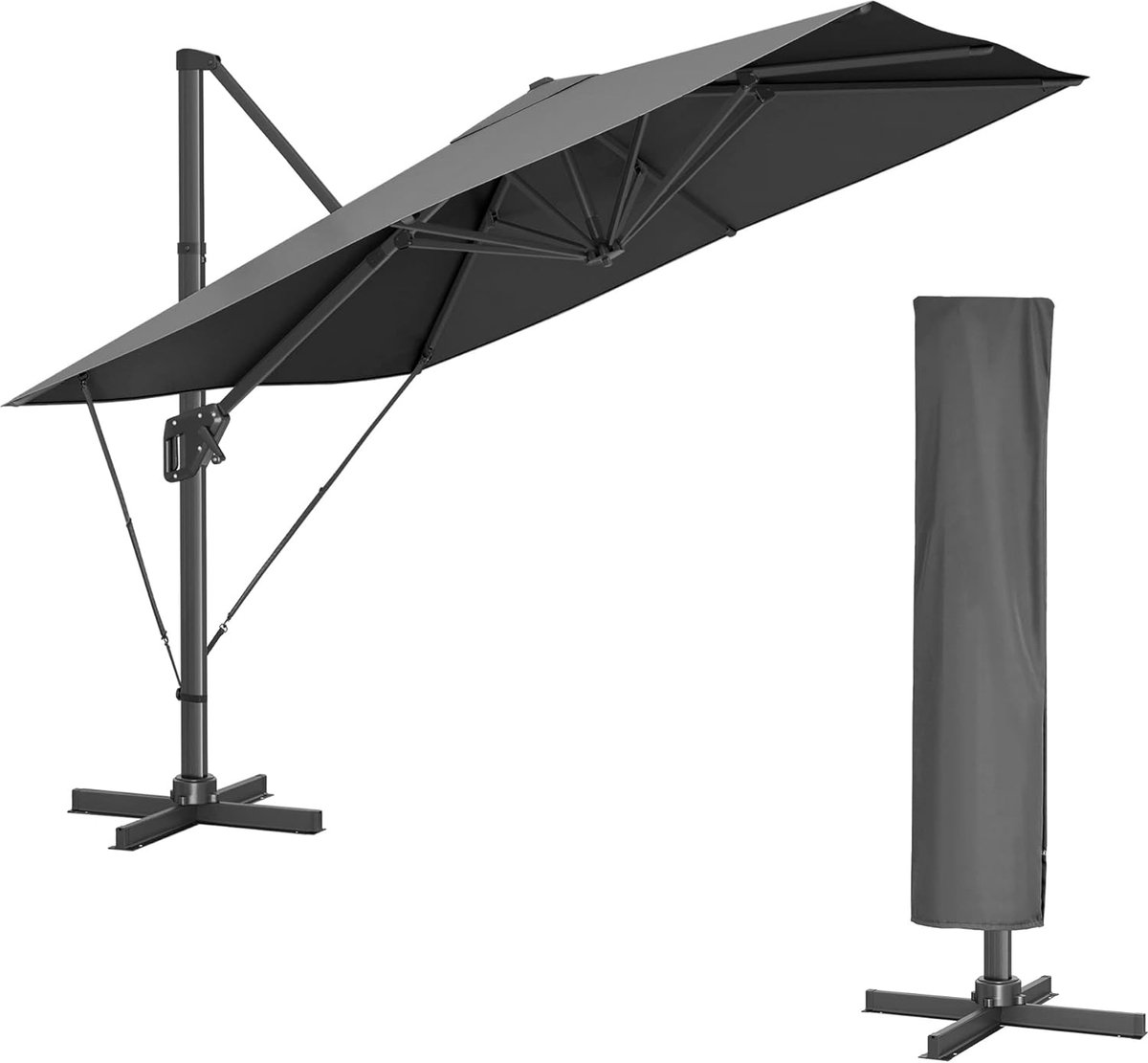 FurnStar - Parasol 290 x 290 cm - Zweefparasol - Tuinscherm - UV-bescherming UPF 50+ - 360° draaibaar - Hellingshoek verstelbaar - Met standaard, bevestigingsriemen en afdekking - Rookgrijs