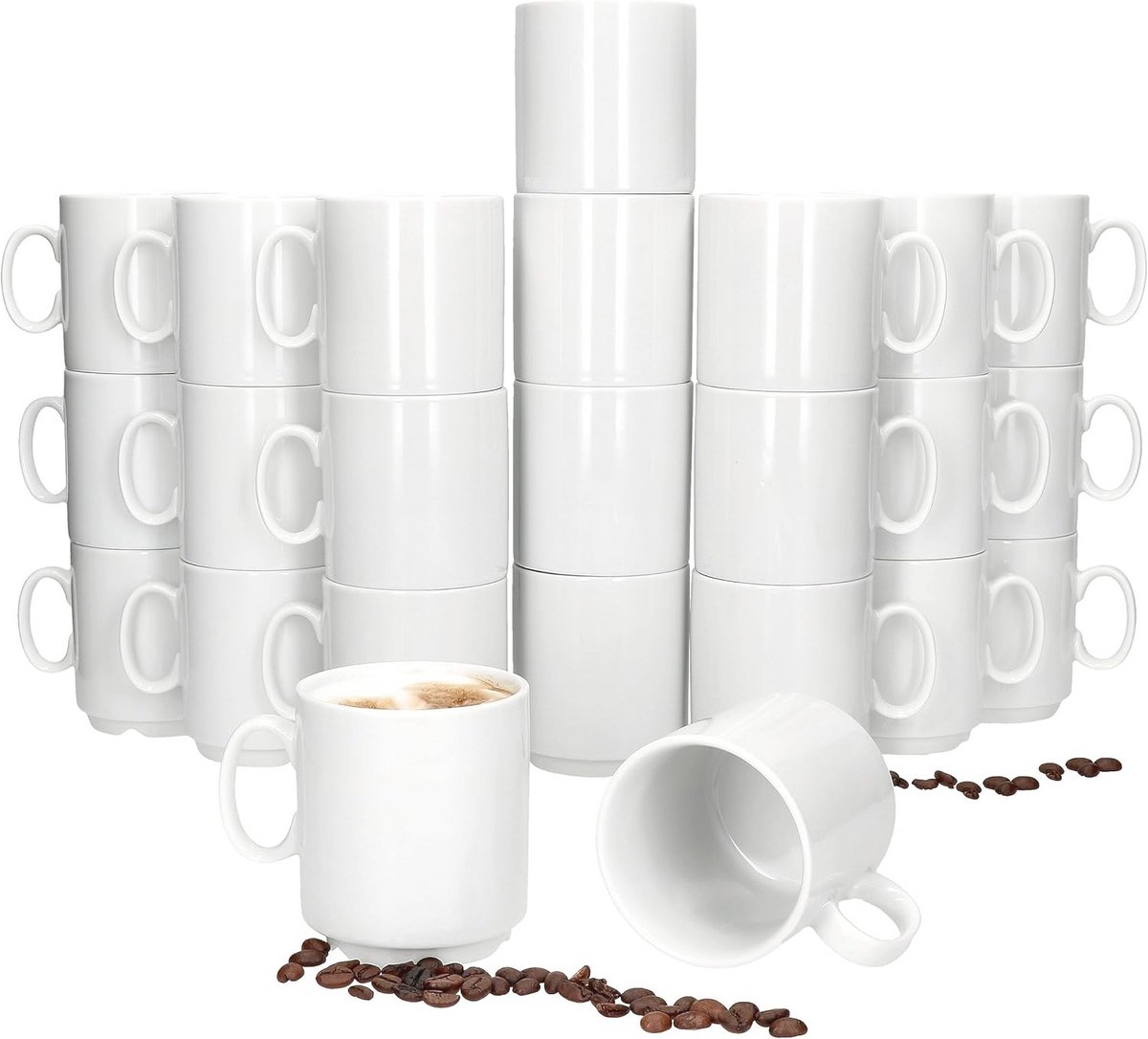 Image of 24 stapelbare porseleinen koffiemokken voor warme dranken - 250 ml, ideaal voor thuis en horeca