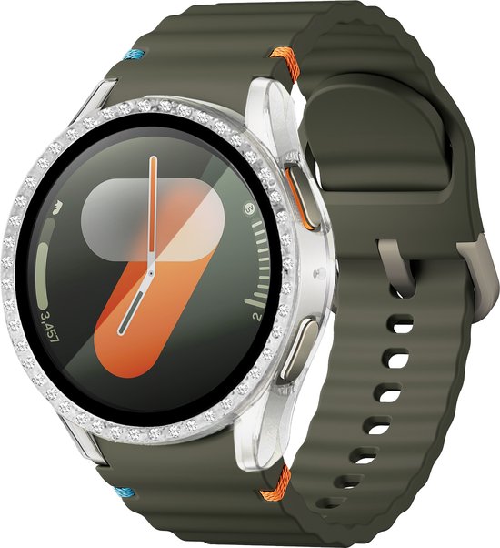 Zilverkleurige smartwatch hoes met glinsterende steentjes en een groen bandje.