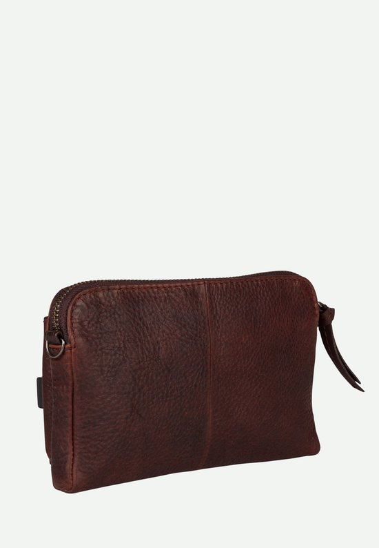 Bruine leren tas met ritssluiting, zijkant zichtbaar.