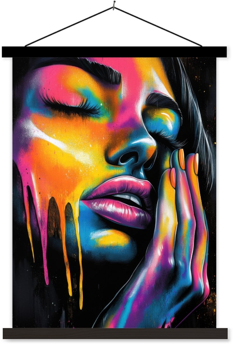 Posterhanger incl. Poster 90x120 cm - Schoolplaat - Vrouw - Gezicht - Verf - Kunstzinnig -