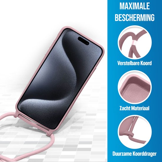 Oudroze telefoonhoesje met koord, met tekst over 'Verstelbaar koord', 'Zacht materiaal' en 'Duurzame koorddrager'.