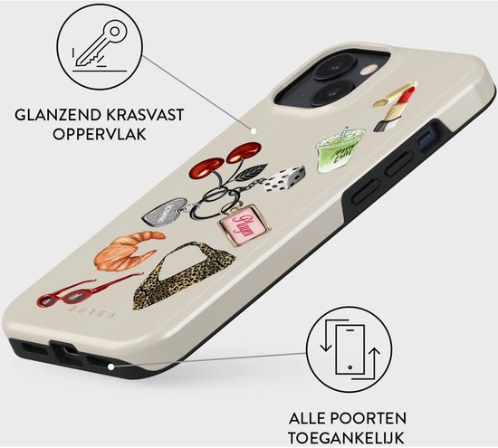 Off-white telefoonhoesje met rode zonnebril, luipaardprint tas, kersen, dobbelsteen, lippenstift en "Player" bedeltjes.